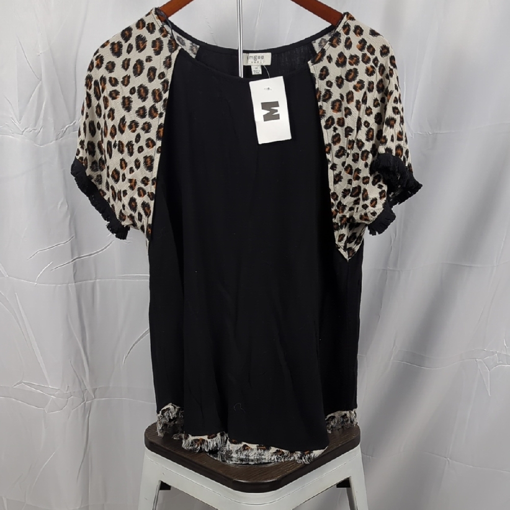 Umgee Black Top with Leopard Print Sleeves